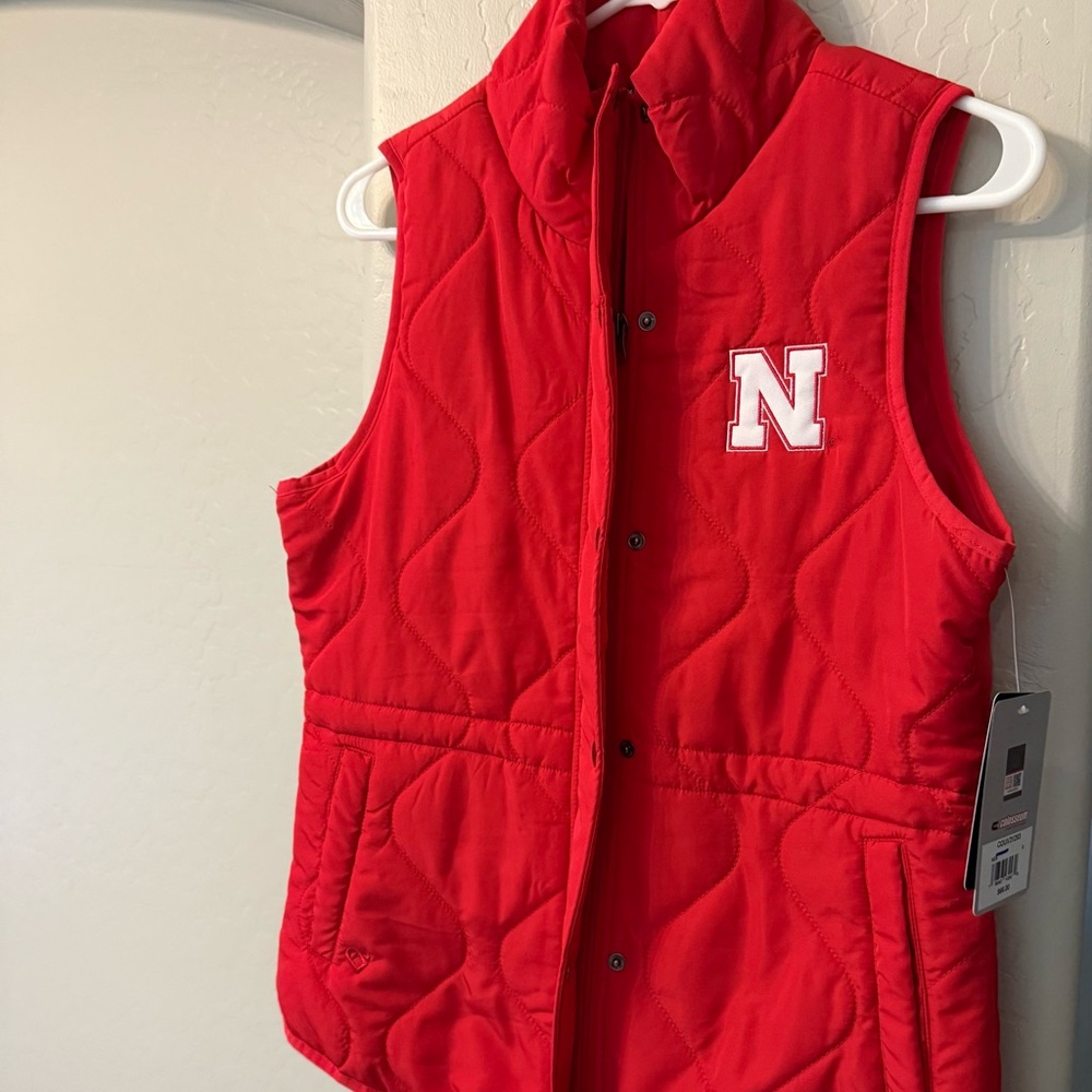 Brand New Nebraska Red Quilted Vest with zipper and button closure